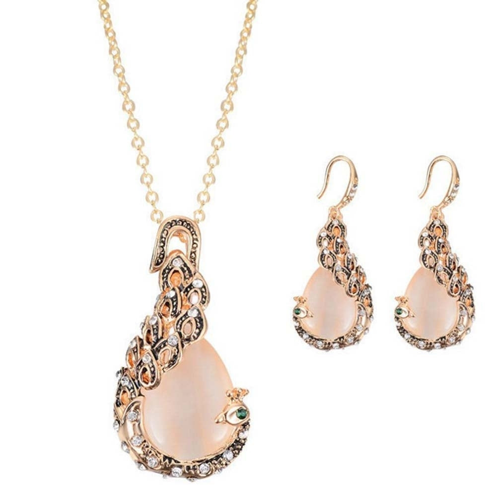 Women Peacock Waterdrop Faux Opal Pendant Necklace Hook Earrings Jewelry Set Image 1