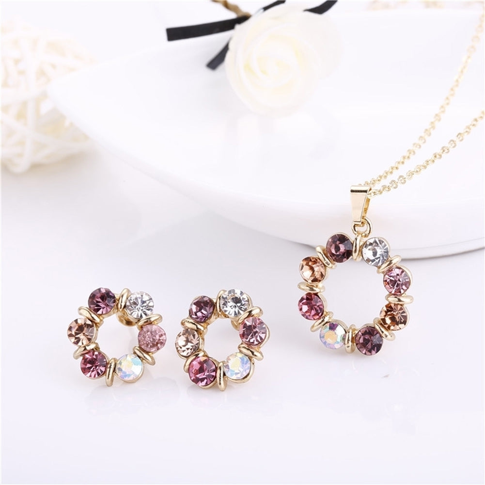 Women Rhinestone Round Pendant Chain Necklace Ear Stud Earrings Jewelry Set Image 1