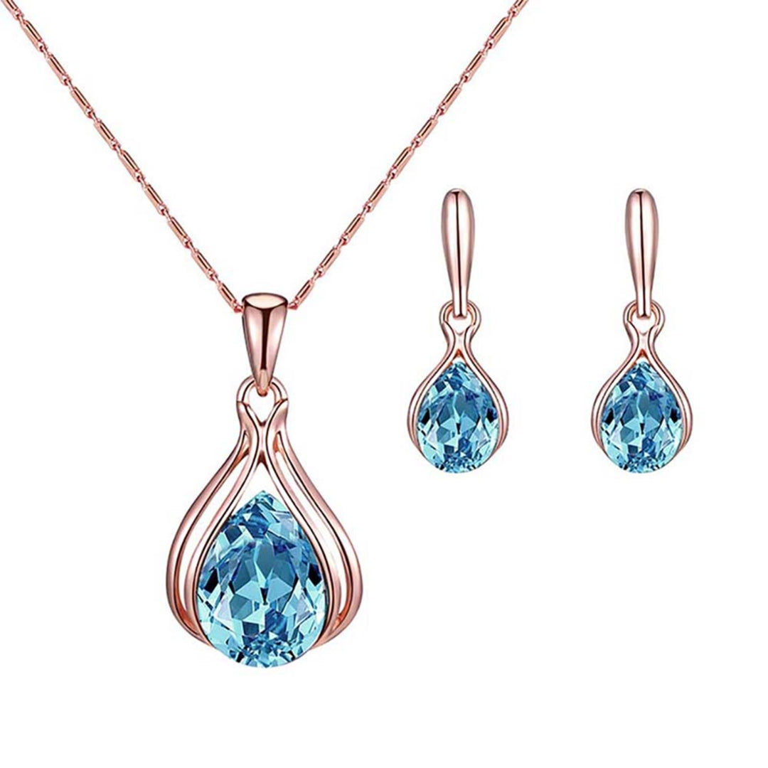 Women Cubic Zirconia Water Drop Pendant Necklace Ear Stud Earrings Jewelry Set Image 6