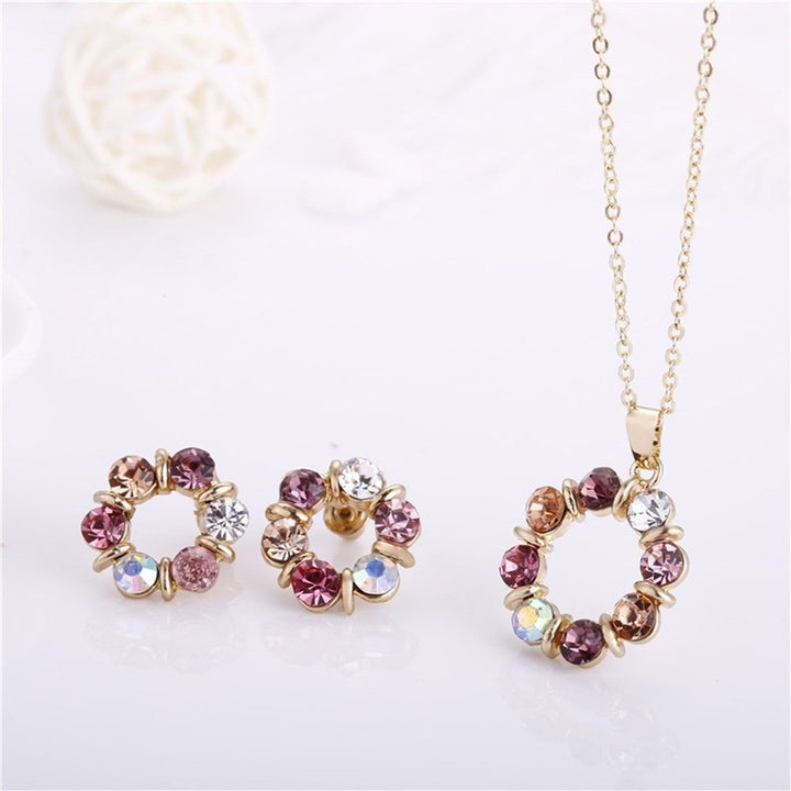 Women Rhinestone Round Pendant Chain Necklace Ear Stud Earrings Jewelry Set Image 3