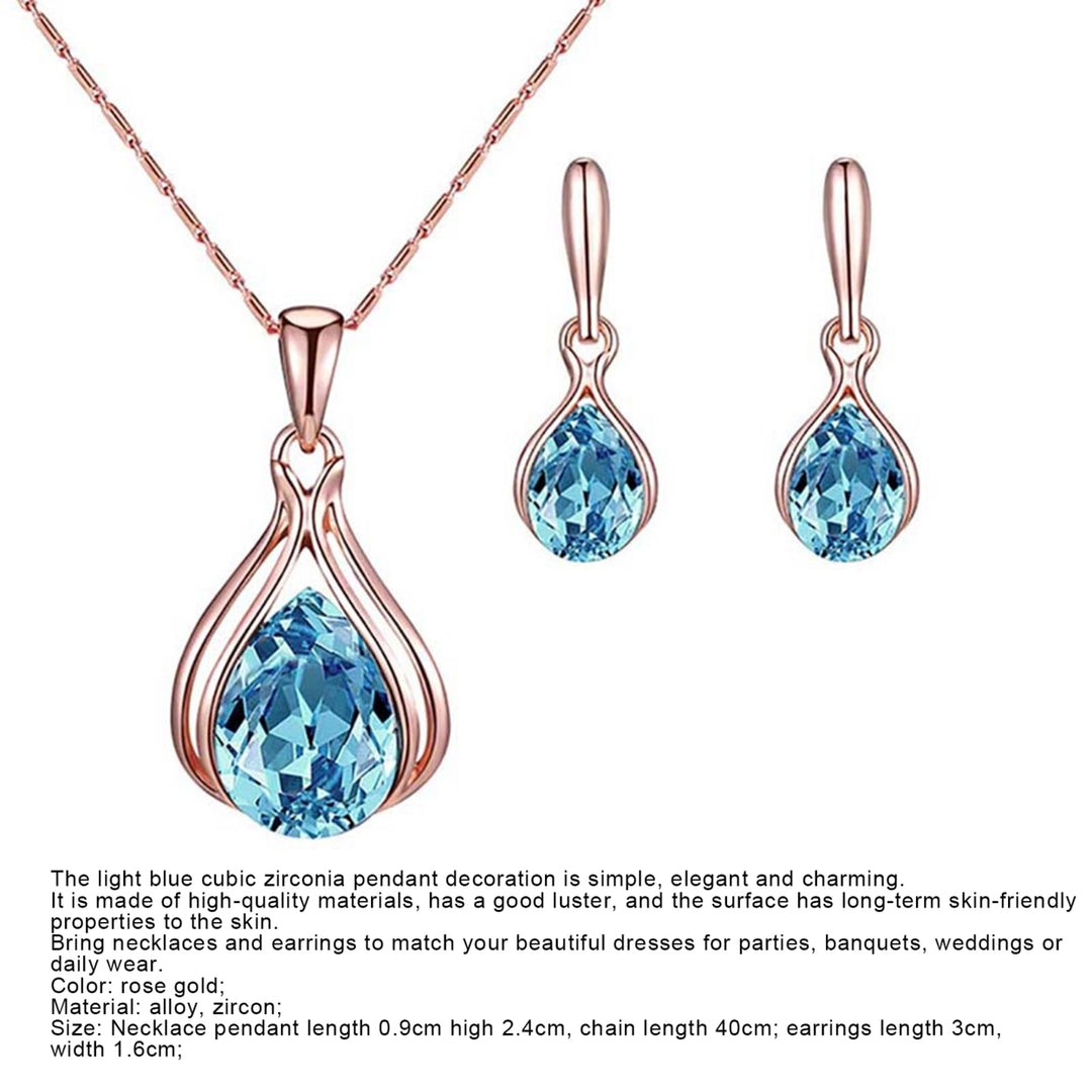 Women Cubic Zirconia Water Drop Pendant Necklace Ear Stud Earrings Jewelry Set Image 9