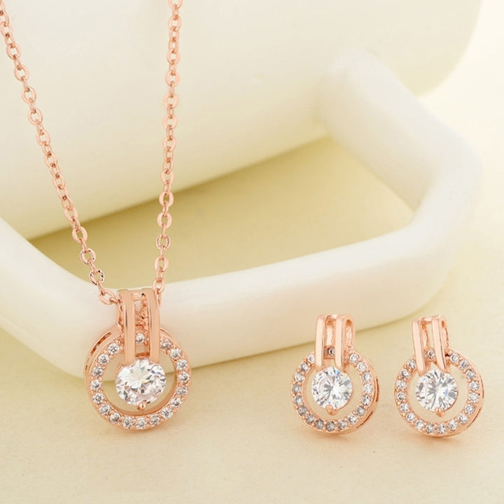 Women Full Cubic Zirconia Hollow Round Pendant Necklace Stud Earrings Jewelry Set Image 1