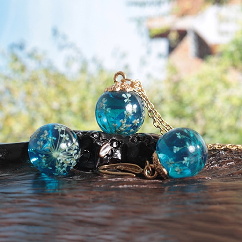 Fashion Women Dried Flower Glass Ball Pendant Necklace Hook Earrings Jewelry Set Image 4