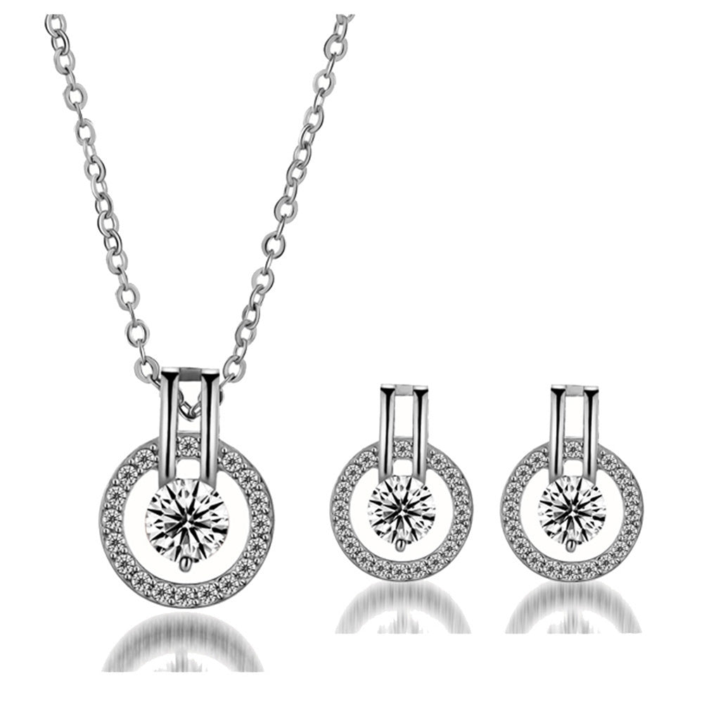 Women Full Cubic Zirconia Hollow Round Pendant Necklace Stud Earrings Jewelry Set Image 4