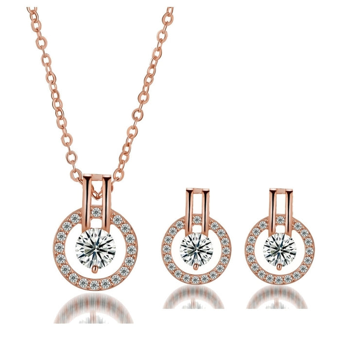 Women Full Cubic Zirconia Hollow Round Pendant Necklace Stud Earrings Jewelry Set Image 6