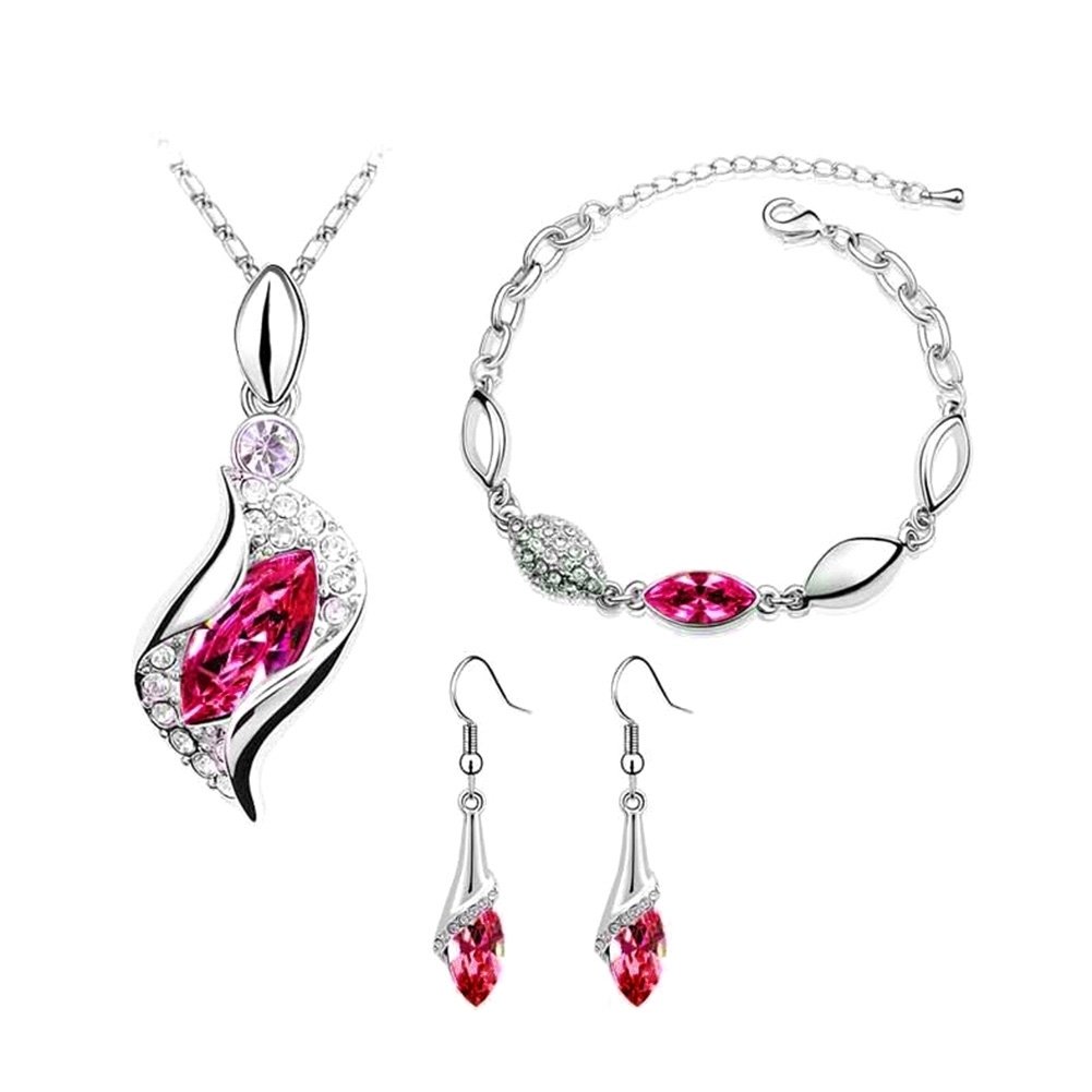 Women Rhinestone Geometric Pendant Necklace Bracelet Hook Earrings Jewelry Set Image 8