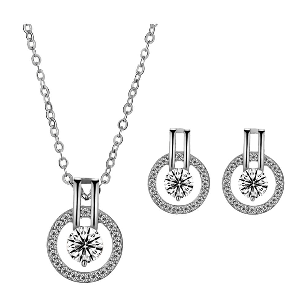 Women Full Cubic Zirconia Hollow Round Pendant Necklace Stud Earrings Jewelry Set Image 7