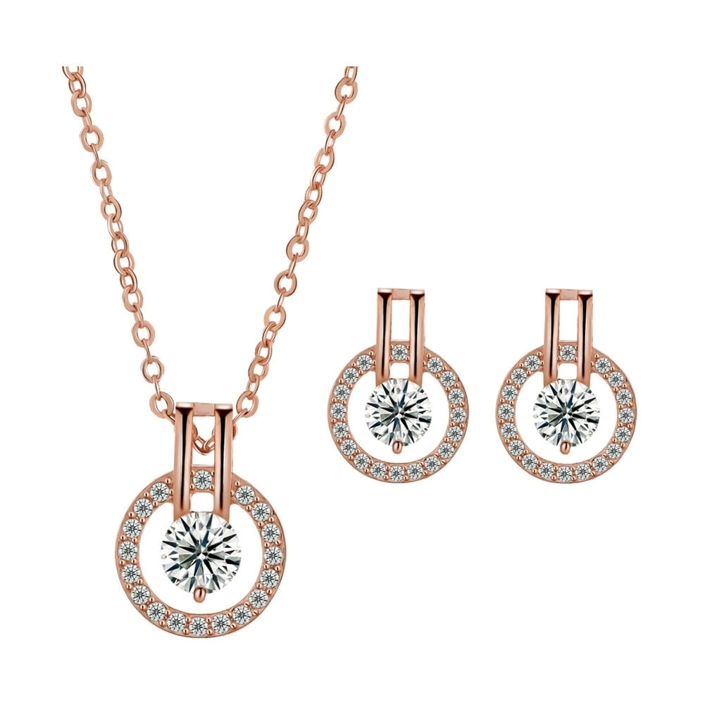 Women Full Cubic Zirconia Hollow Round Pendant Necklace Stud Earrings Jewelry Set Image 8