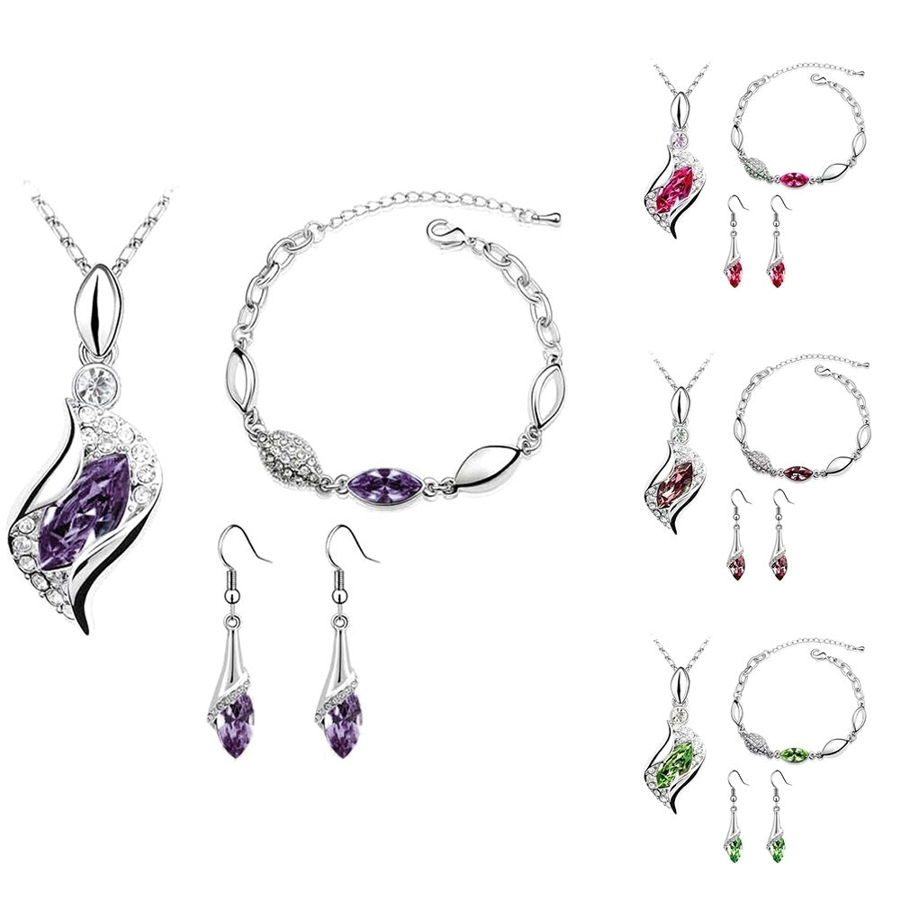 Women Rhinestone Geometric Pendant Necklace Bracelet Hook Earrings Jewelry Set Image 11