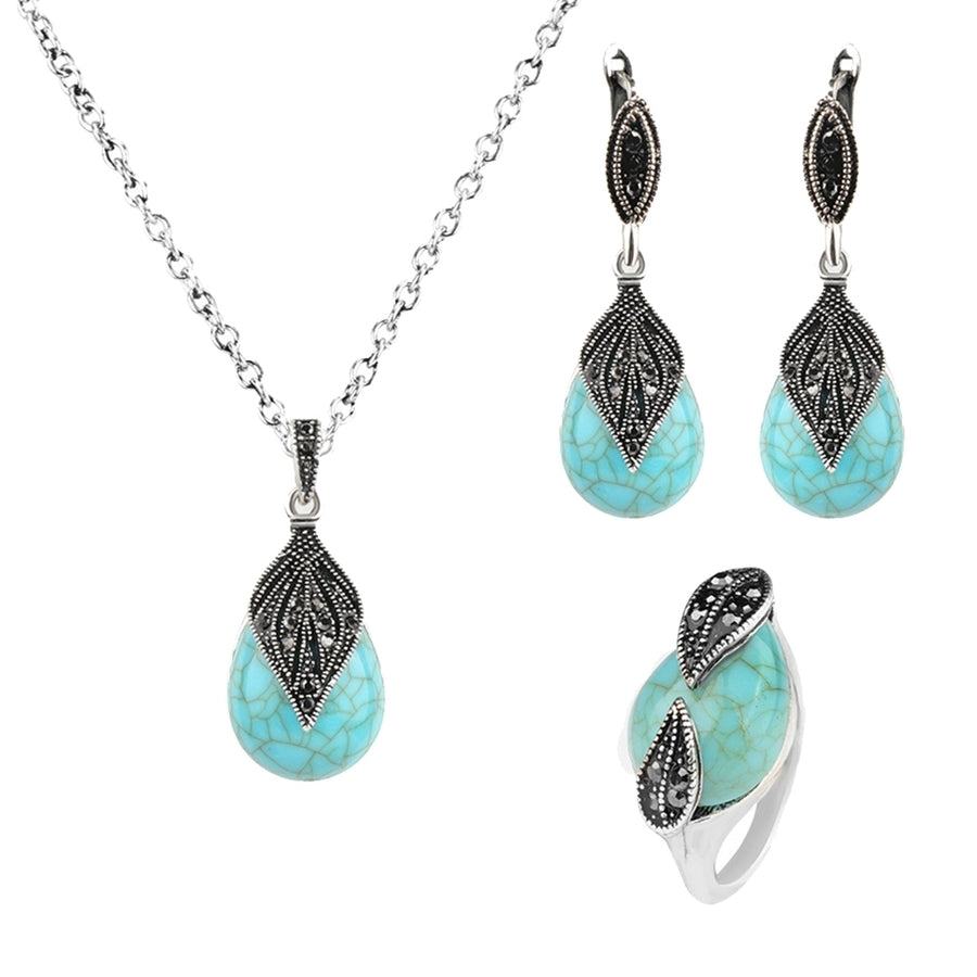 Leaf Water Drop Faux Turquoise Pendant Necklace Ring Earrings Women Jewelry Set Image 1