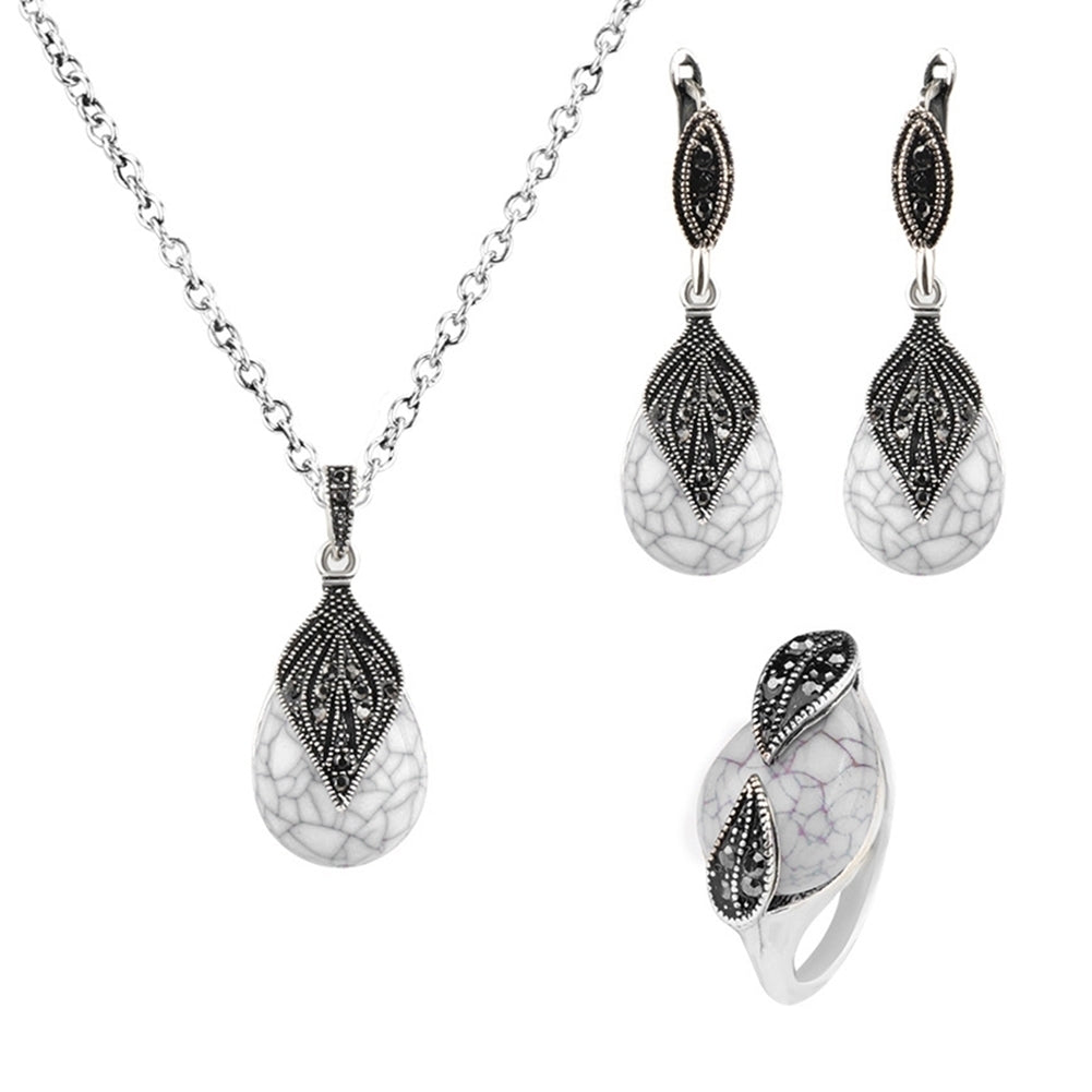 Leaf Water Drop Faux Turquoise Pendant Necklace Ring Earrings Women Jewelry Set Image 2