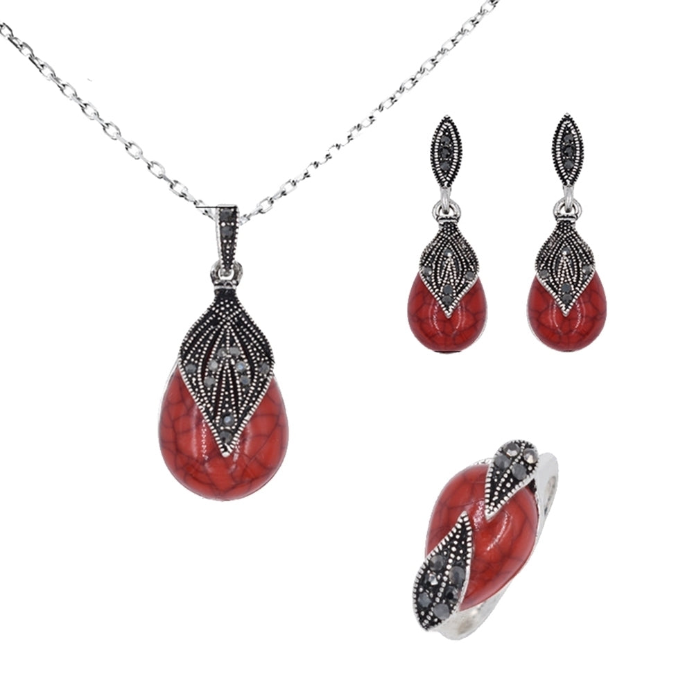 Leaf Water Drop Faux Turquoise Pendant Necklace Ring Earrings Women Jewelry Set Image 3