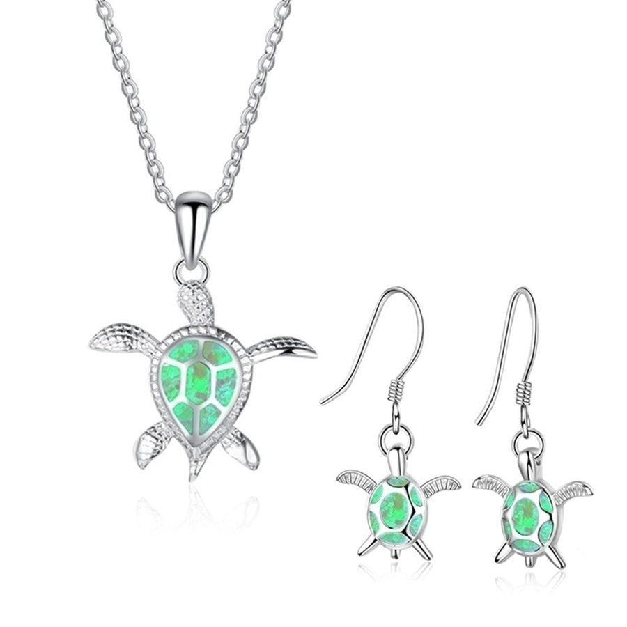 Fashion Faux Opal Inlaid Turtle Pendant Necklace Hook Earrings Women Jewelry Set Image 1