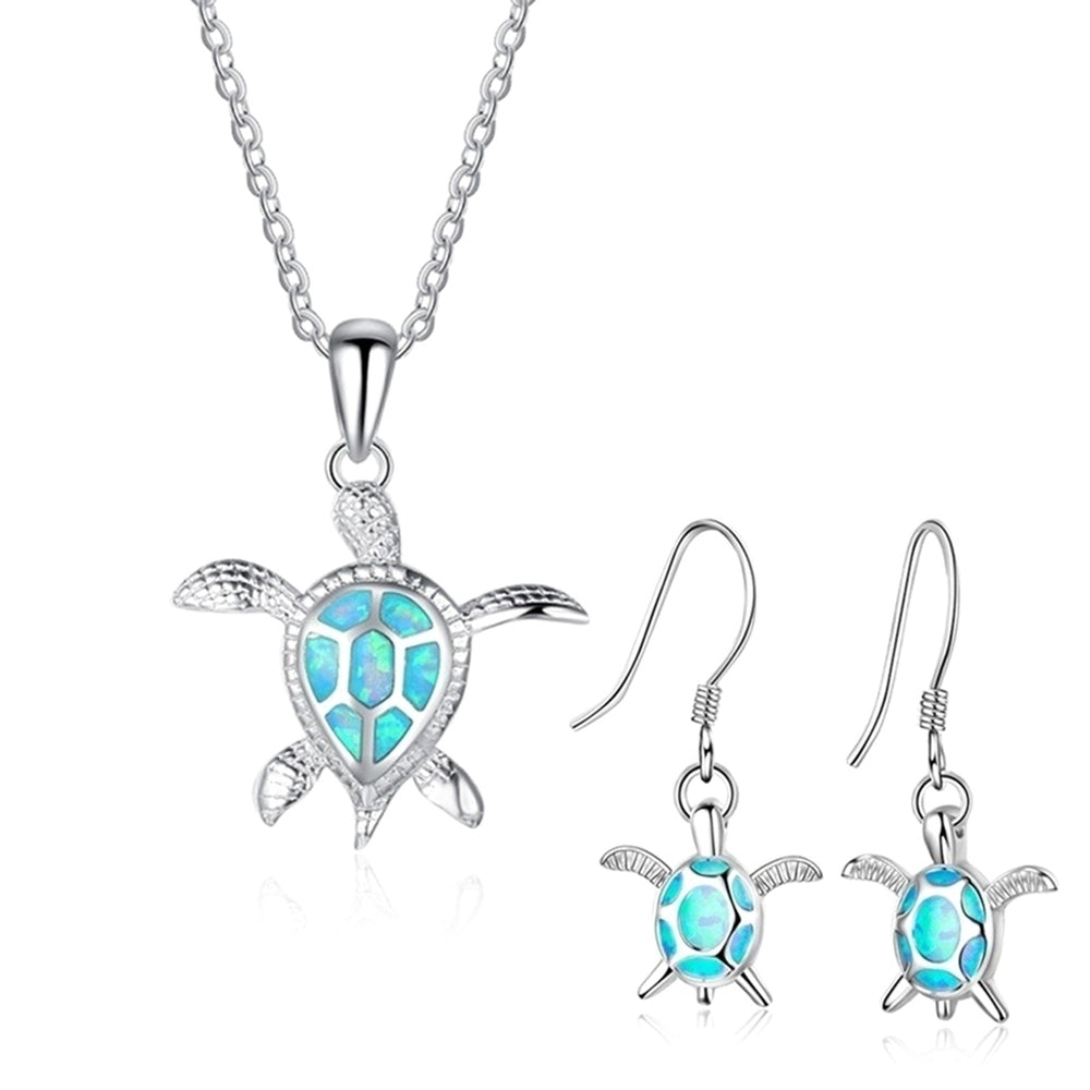 Fashion Faux Opal Inlaid Turtle Pendant Necklace Hook Earrings Women Jewelry Set Image 2