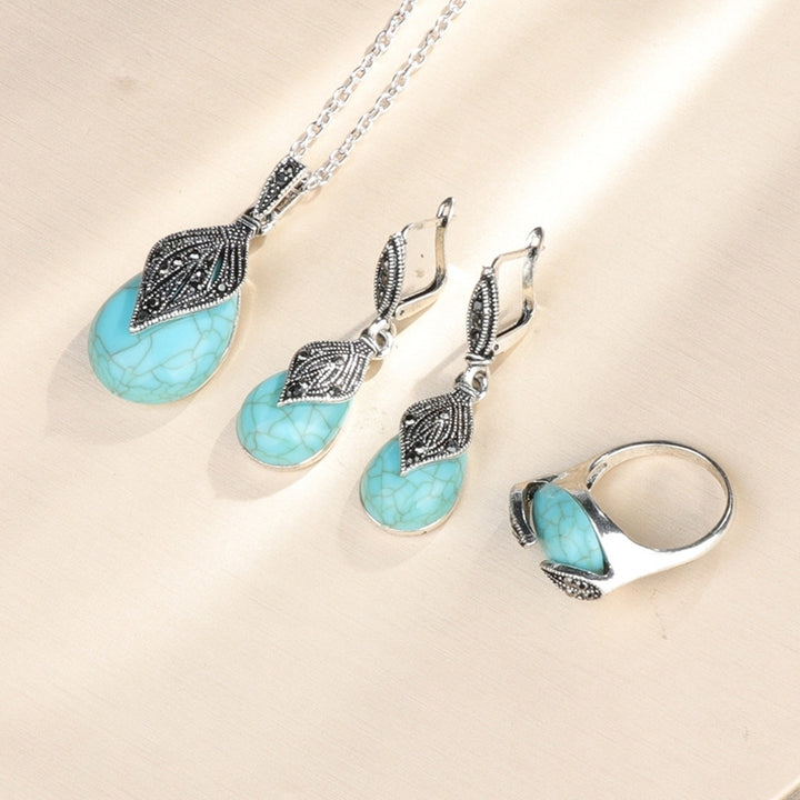 Leaf Water Drop Faux Turquoise Pendant Necklace Ring Earrings Women Jewelry Set Image 4