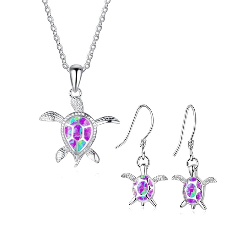 Fashion Faux Opal Inlaid Turtle Pendant Necklace Hook Earrings Women Jewelry Set Image 3