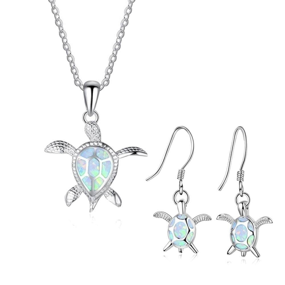 Fashion Faux Opal Inlaid Turtle Pendant Necklace Hook Earrings Women Jewelry Set Image 4