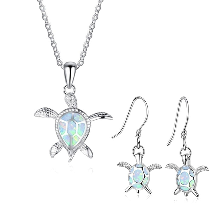 Fashion Faux Opal Inlaid Turtle Pendant Necklace Hook Earrings Women Jewelry Set Image 4