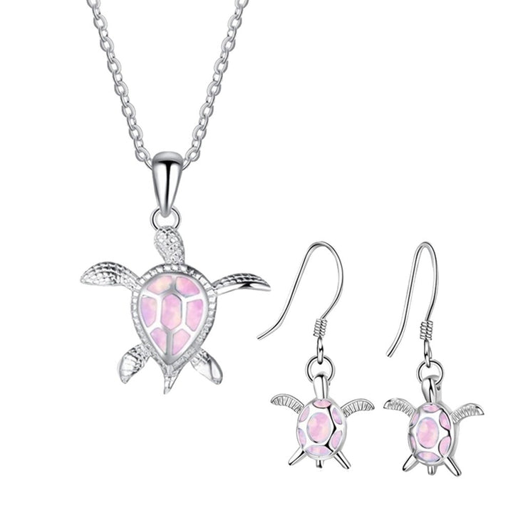 Fashion Faux Opal Inlaid Turtle Pendant Necklace Hook Earrings Women Jewelry Set Image 4