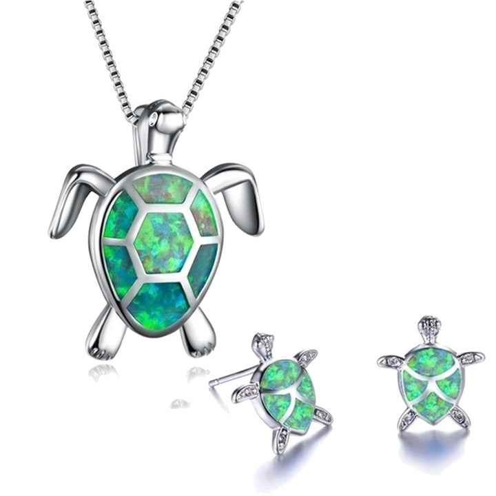 Fashion Faux Opal Inlaid Turtle Pendant Necklace Hook Earrings Women Jewelry Set Image 6