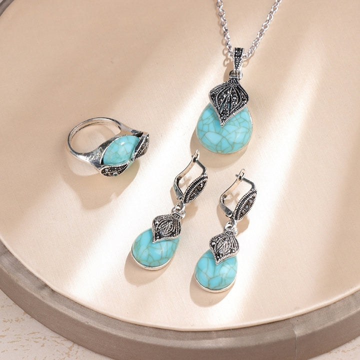 Leaf Water Drop Faux Turquoise Pendant Necklace Ring Earrings Women Jewelry Set Image 7