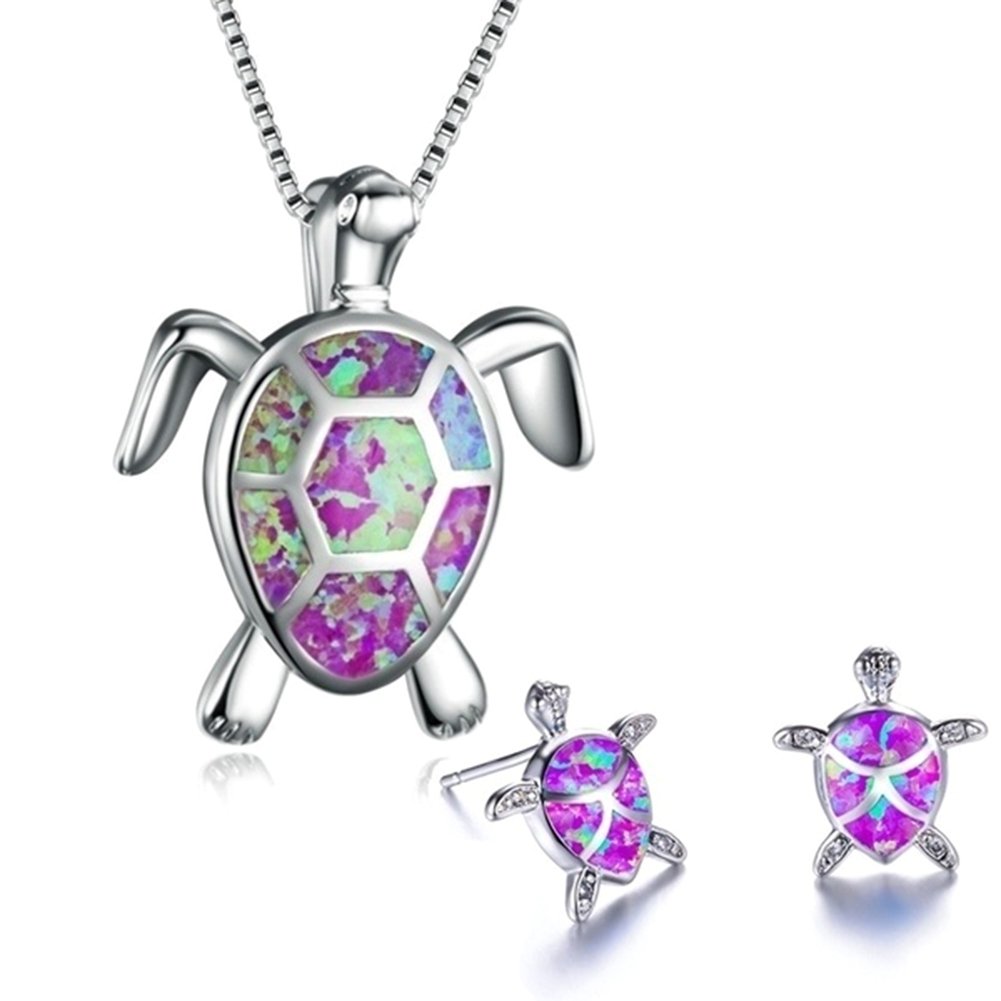 Fashion Faux Opal Inlaid Turtle Pendant Necklace Hook Earrings Women Jewelry Set Image 7