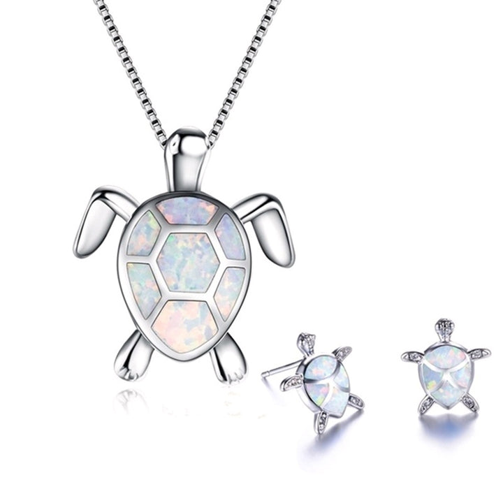 Fashion Faux Opal Inlaid Turtle Pendant Necklace Hook Earrings Women Jewelry Set Image 8