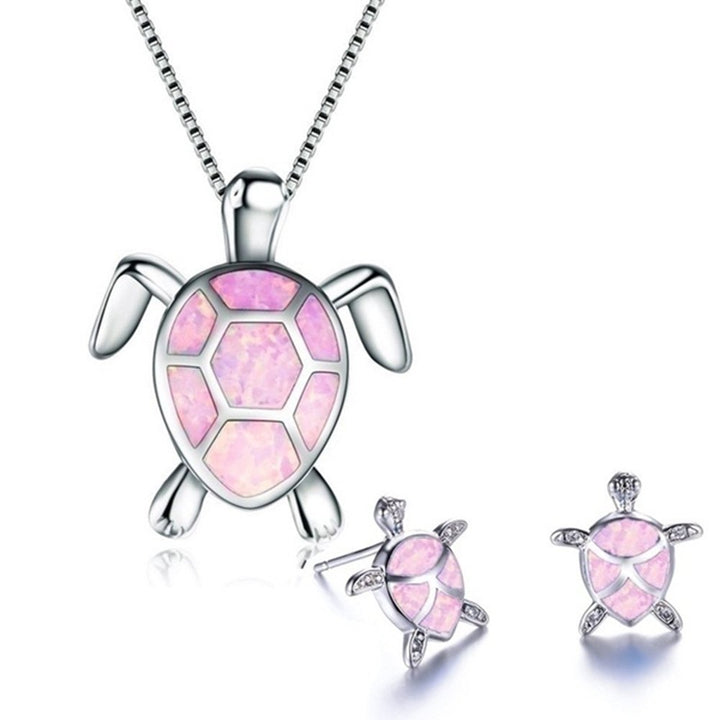 Fashion Faux Opal Inlaid Turtle Pendant Necklace Hook Earrings Women Jewelry Set Image 9