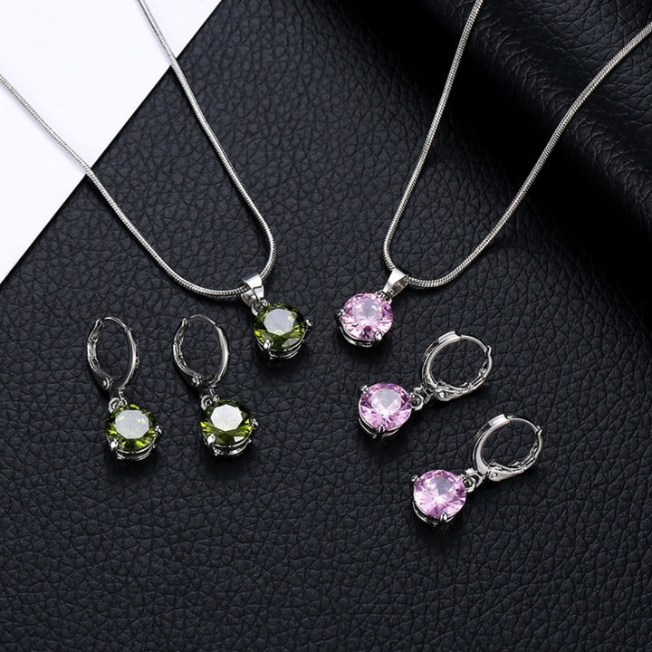 Women Round Cubic Zirconia Pendant Chain Necklace Hoop Earrings Jewelry Set Image 1