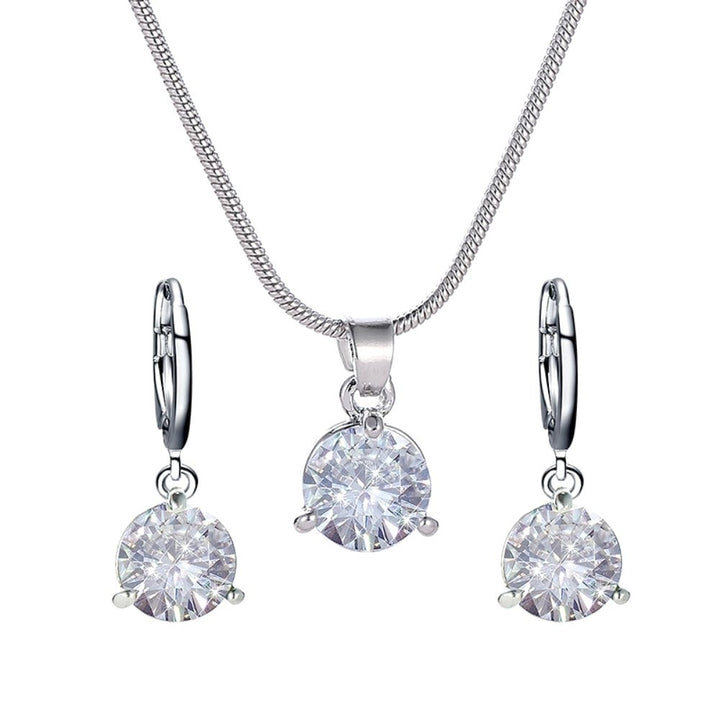 Women Round Cubic Zirconia Pendant Chain Necklace Hoop Earrings Jewelry Set Image 3