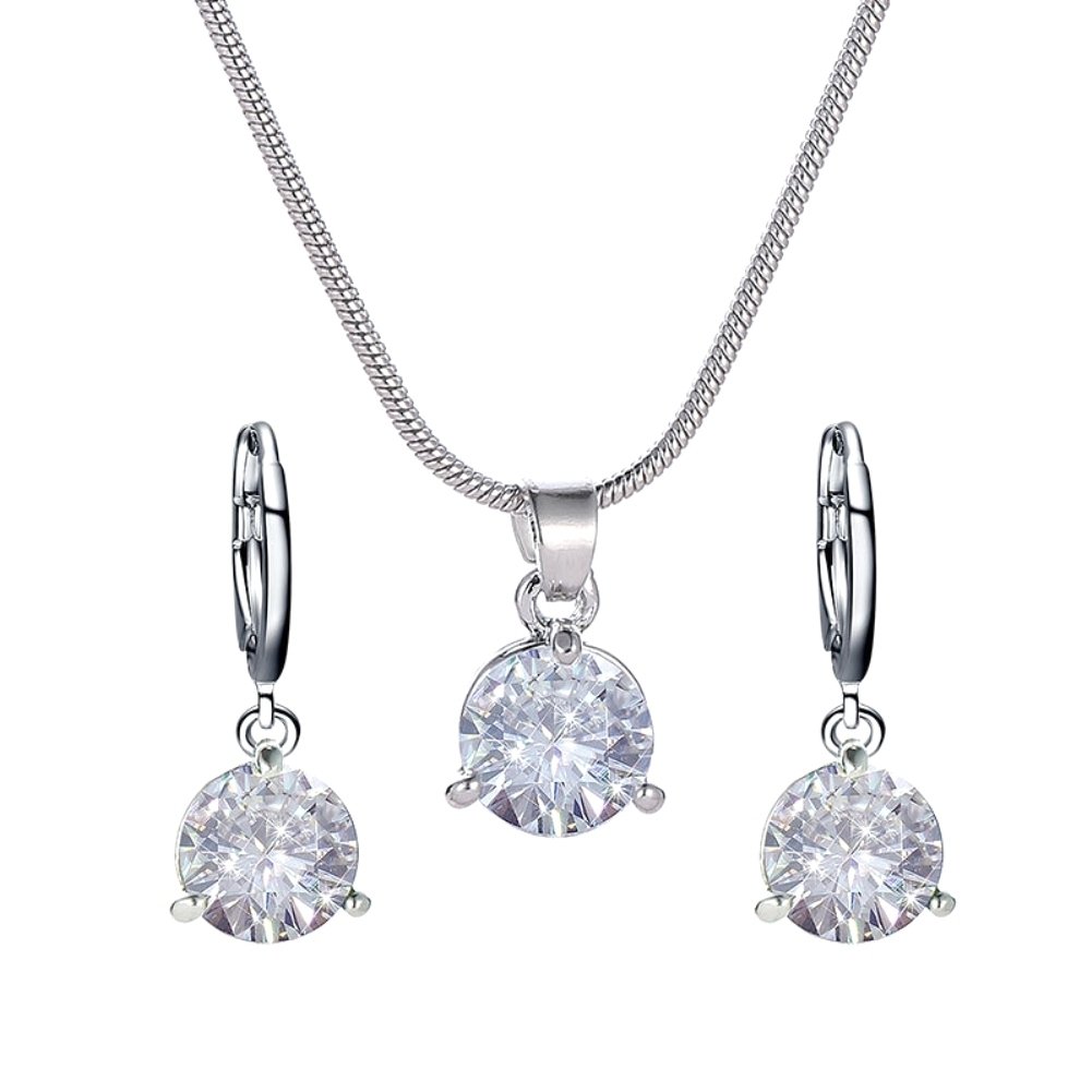 Women Round Cubic Zirconia Pendant Chain Necklace Hoop Earrings Jewelry Set Image 1