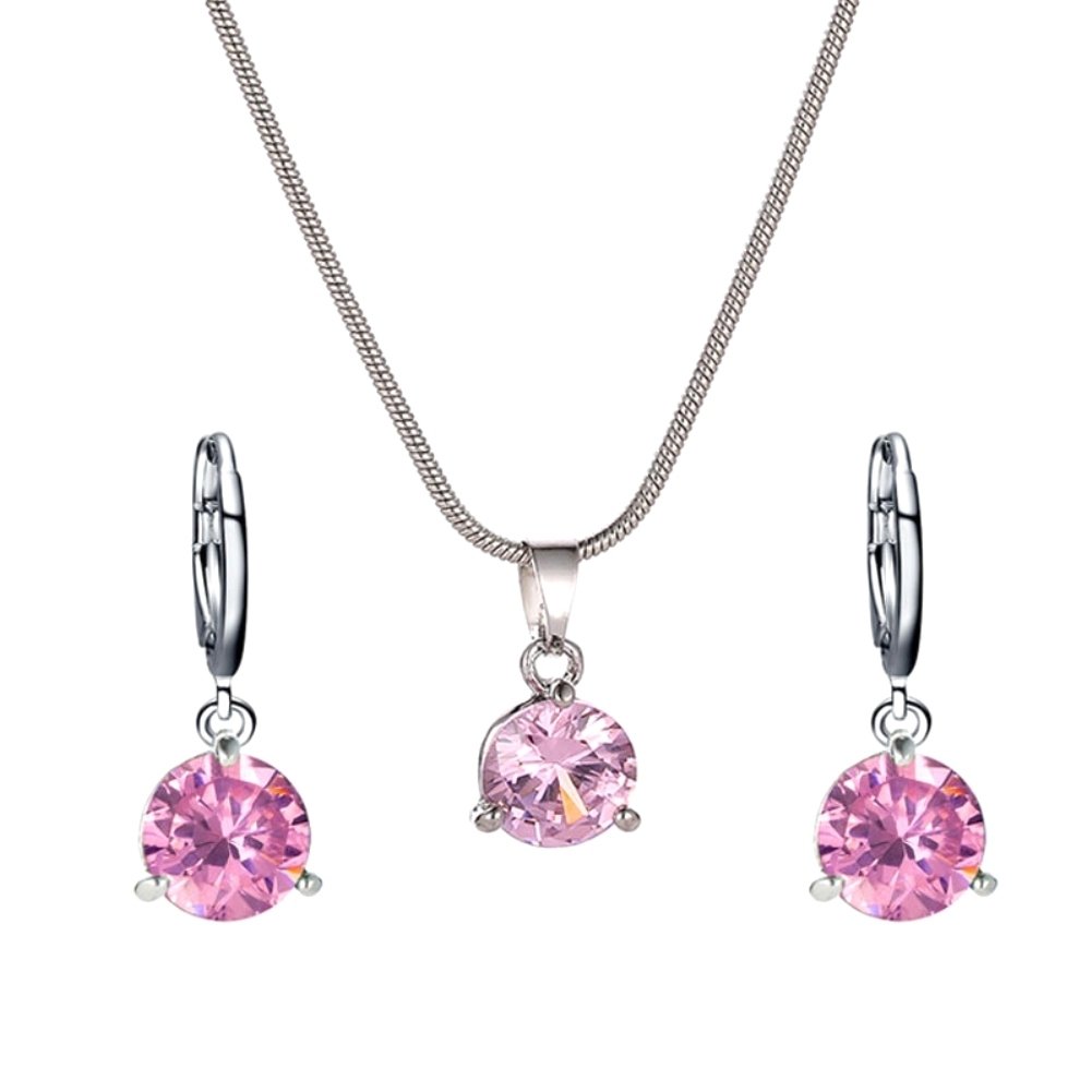 Women Round Cubic Zirconia Pendant Chain Necklace Hoop Earrings Jewelry Set Image 1