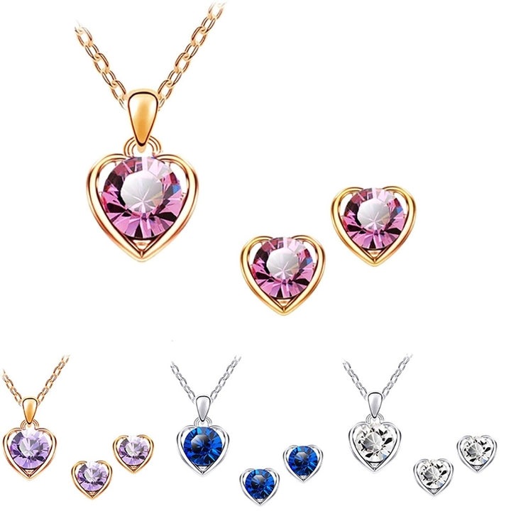 Women Rhinestone Heart Pendant Necklace Chain Stud Earrings Party Jewelry Set Image 1