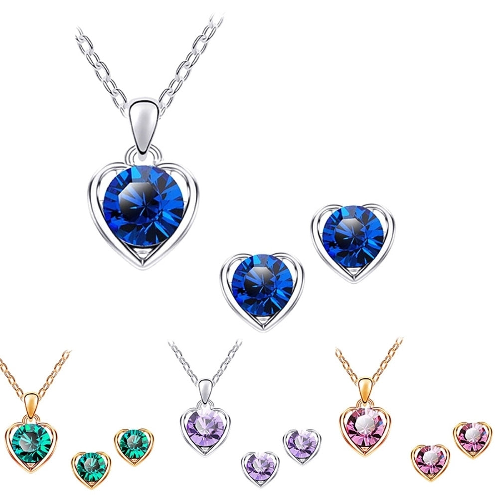 Women Rhinestone Heart Pendant Necklace Chain Stud Earrings Party Jewelry Set Image 3