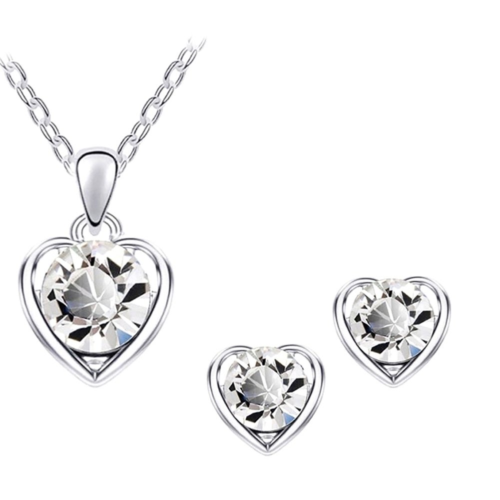 Women Rhinestone Heart Pendant Necklace Chain Stud Earrings Party Jewelry Set Image 4