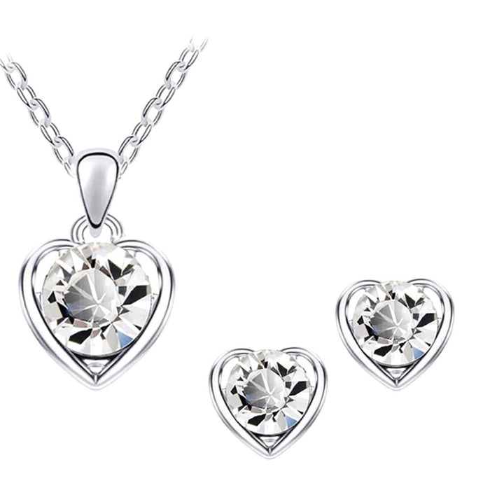 Women Rhinestone Heart Pendant Necklace Chain Stud Earrings Party Jewelry Set Image 1