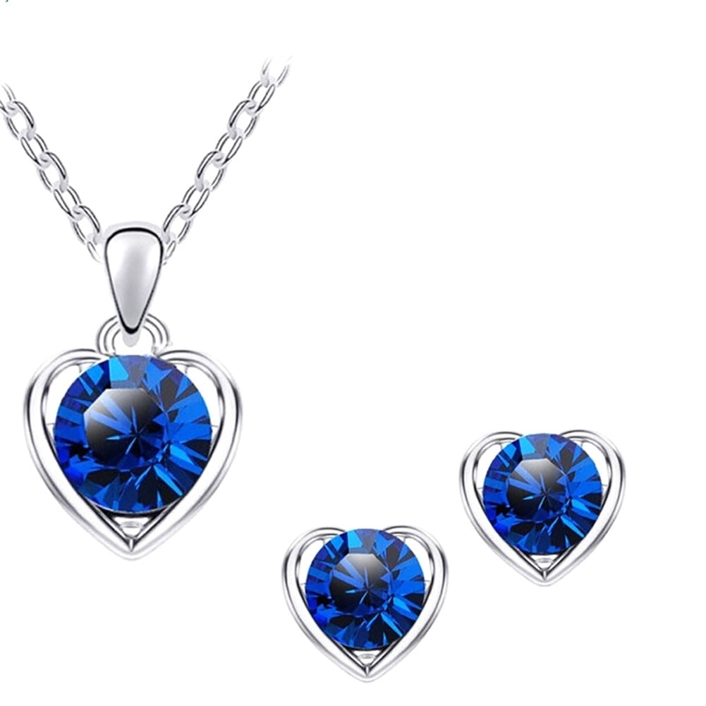 Women Rhinestone Heart Pendant Necklace Chain Stud Earrings Party Jewelry Set Image 6