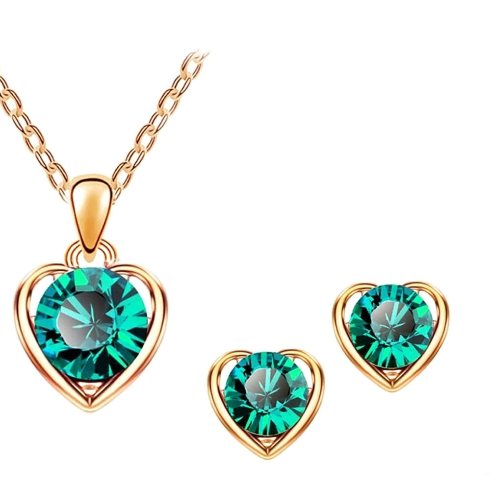 Women Rhinestone Heart Pendant Necklace Chain Stud Earrings Party Jewelry Set Image 7