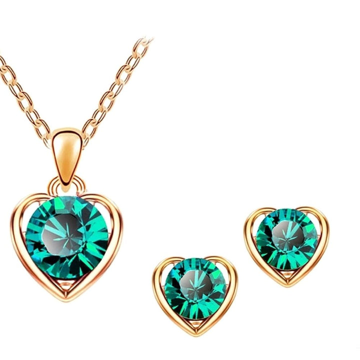 Women Rhinestone Heart Pendant Necklace Chain Stud Earrings Party Jewelry Set Image 1