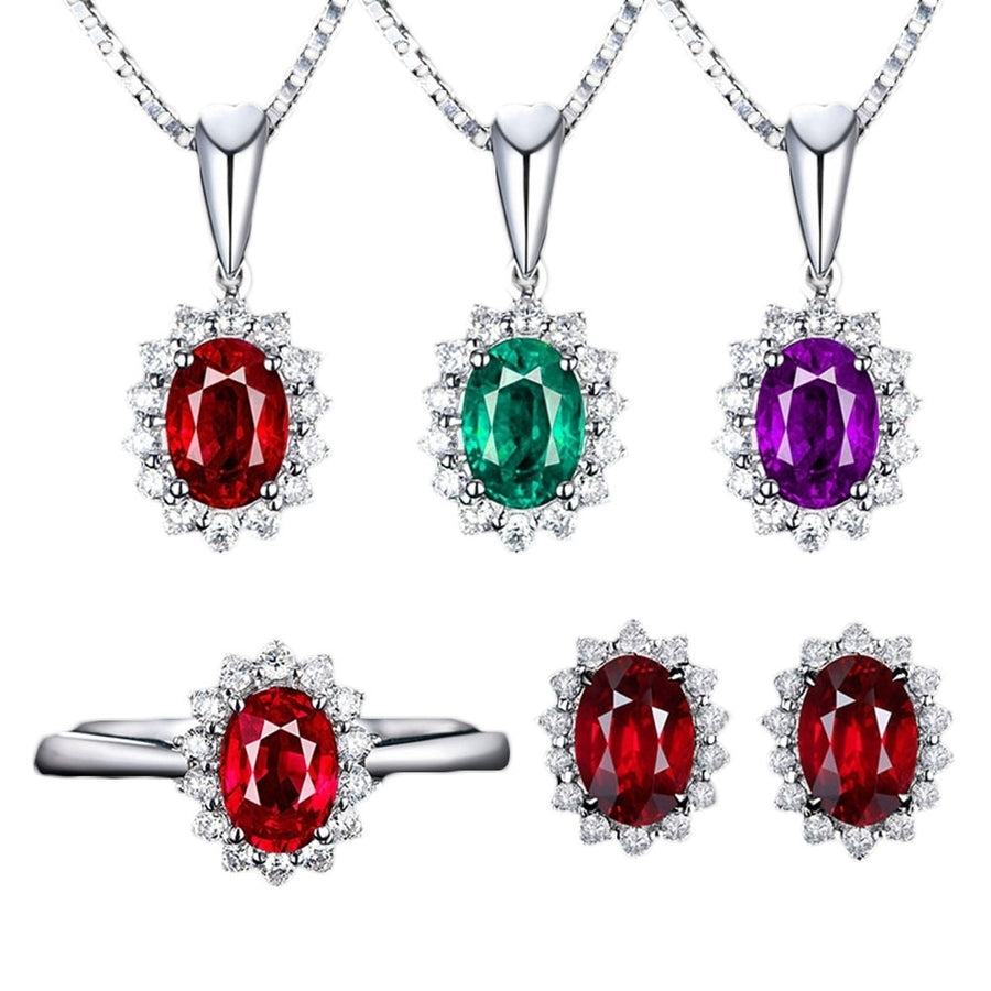 Women Rhinestone Inlaid Oval Pendant Necklace Earrings Open Ring Jewelry Set Image 1