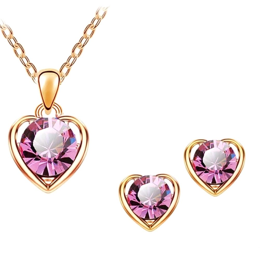 Women Rhinestone Heart Pendant Necklace Chain Stud Earrings Party Jewelry Set Image 9