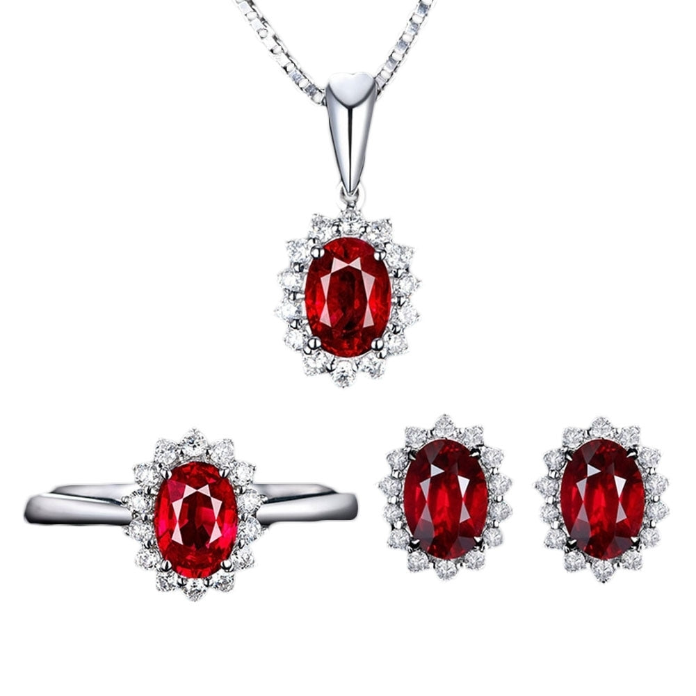 Women Rhinestone Inlaid Oval Pendant Necklace Earrings Open Ring Jewelry Set Image 3