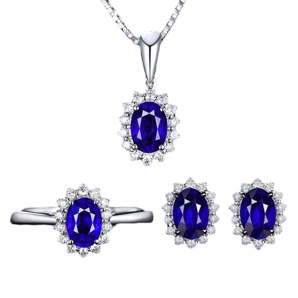 Women Rhinestone Inlaid Oval Pendant Necklace Earrings Open Ring Jewelry Set Image 1