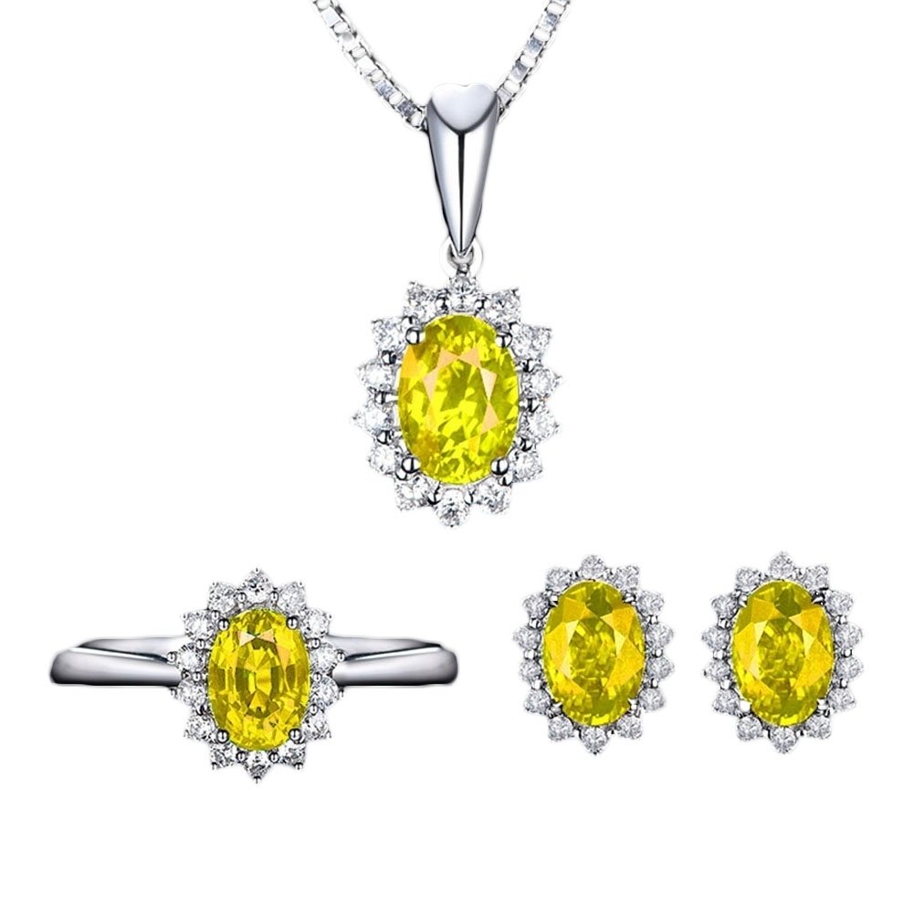 Women Rhinestone Inlaid Oval Pendant Necklace Earrings Open Ring Jewelry Set Image 4