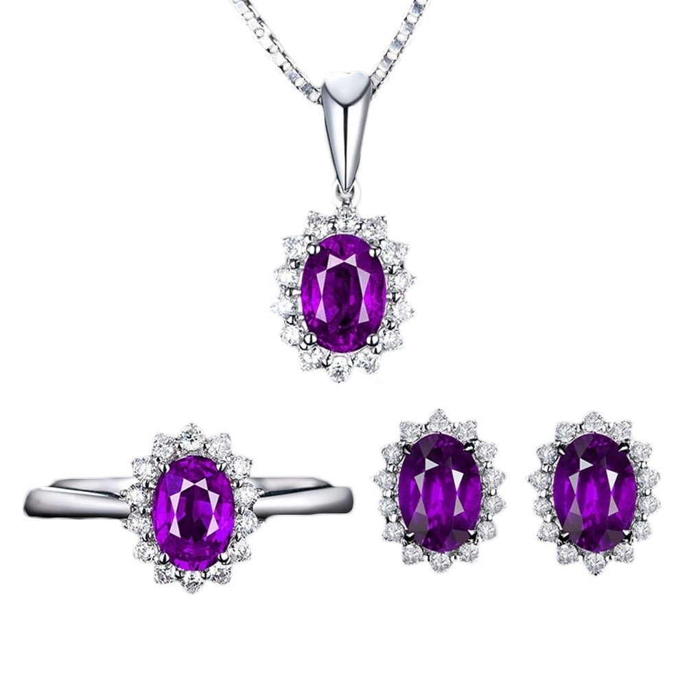 Women Rhinestone Inlaid Oval Pendant Necklace Earrings Open Ring Jewelry Set Image 1