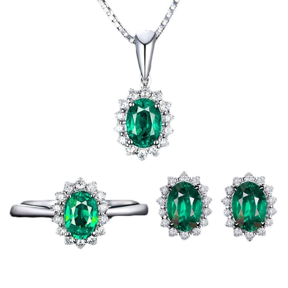 Women Rhinestone Inlaid Oval Pendant Necklace Earrings Open Ring Jewelry Set Image 7