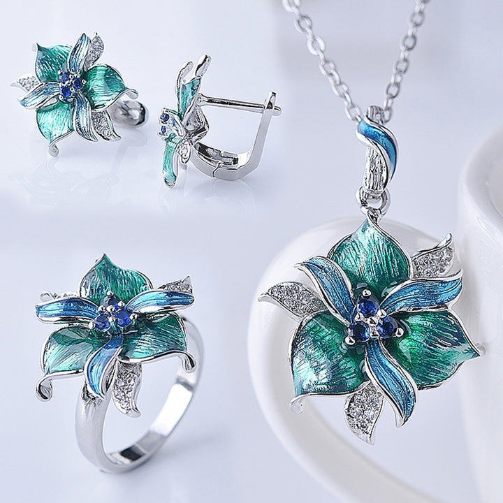 Women Rhinestone Inlaid Enamel Flower Pendant Necklace Earrings Ring Jewelry Image 1