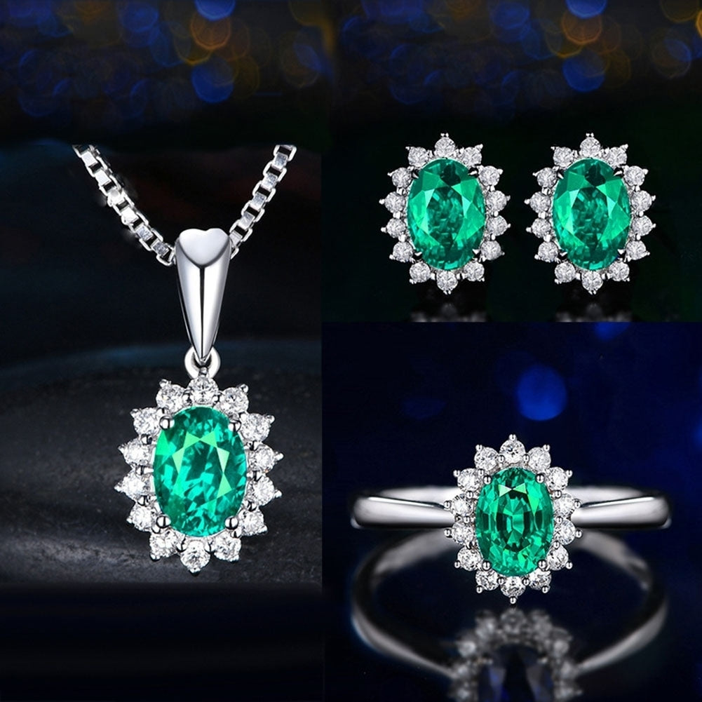 Women Rhinestone Inlaid Oval Pendant Necklace Earrings Open Ring Jewelry Set Image 10