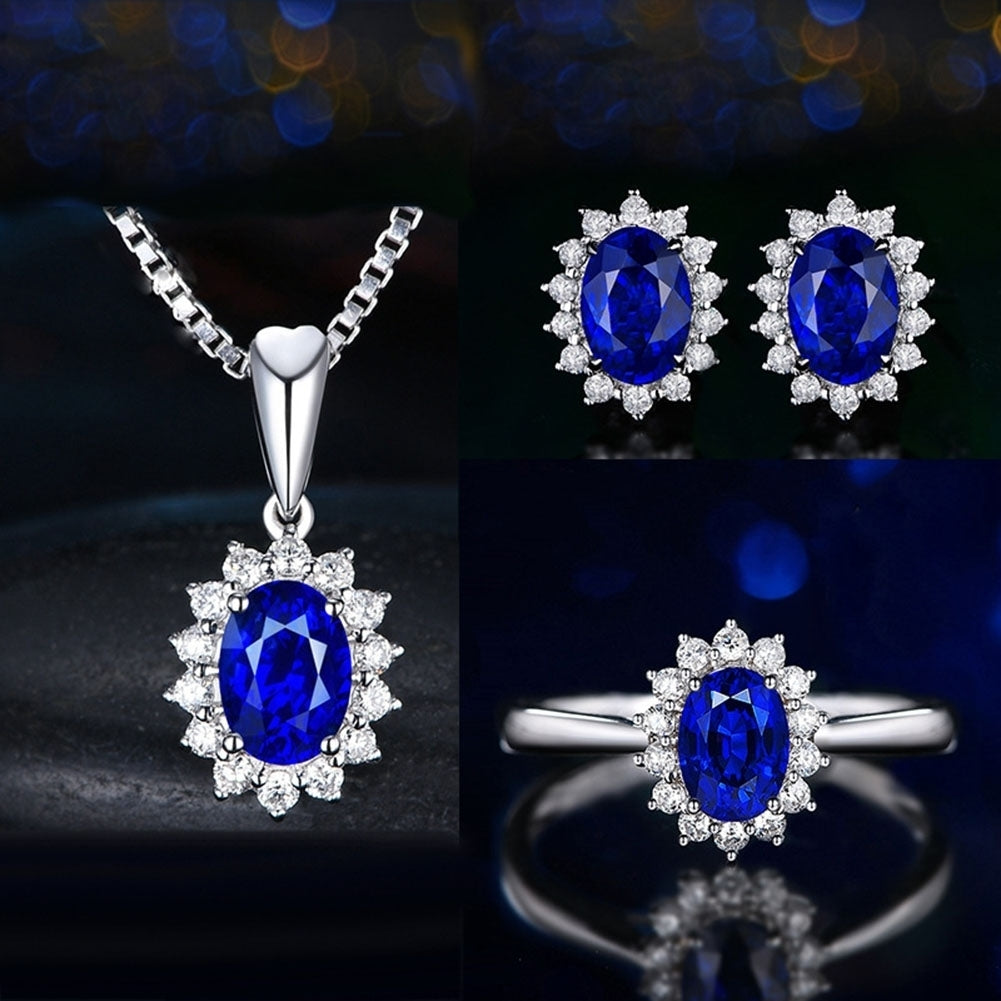 Women Rhinestone Inlaid Oval Pendant Necklace Earrings Open Ring Jewelry Set Image 11