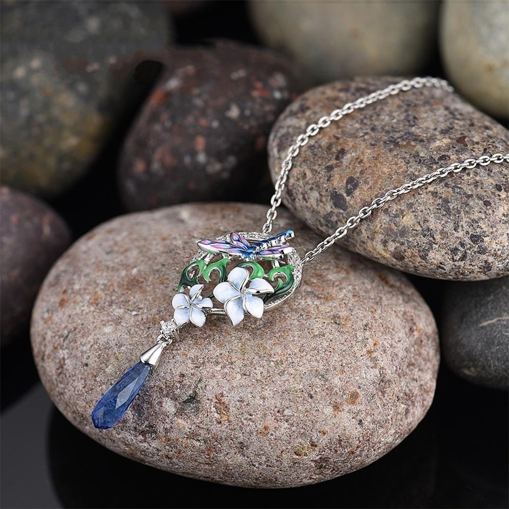 Women Enamel Flower Dragonfly Rhinestone Pendant Necklace Earrings Ring Jewelry Image 6